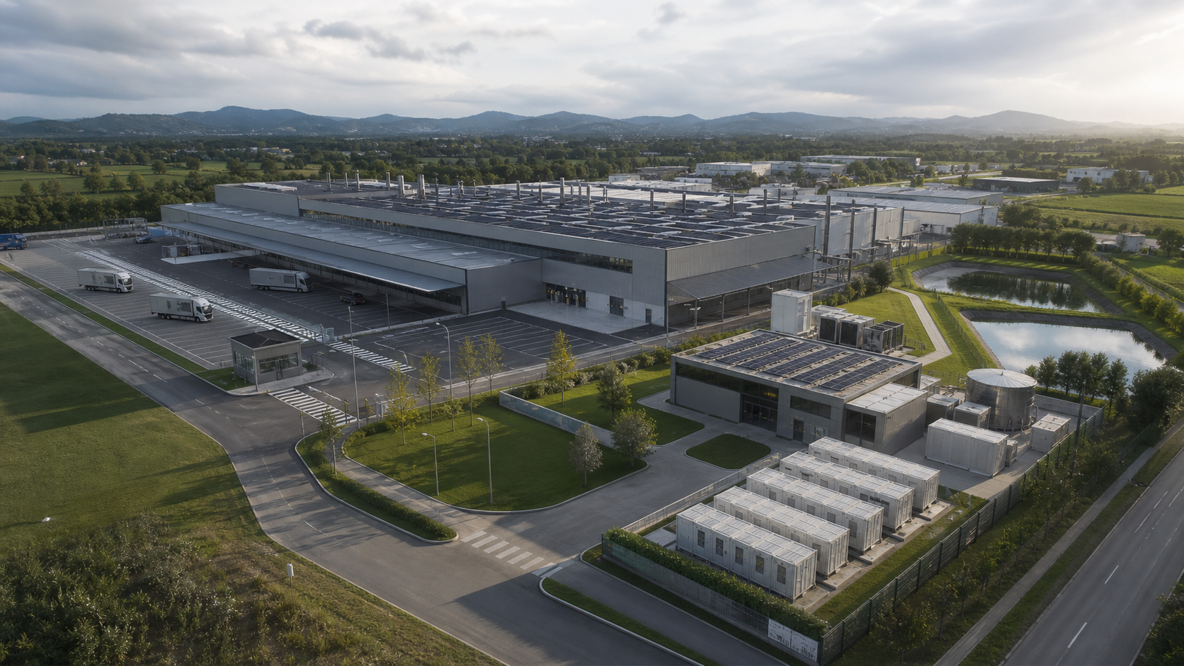 Vista aerea realistica del campus industriale Aurora One, con stabilimento produttivo, polo energetico e area logistica.